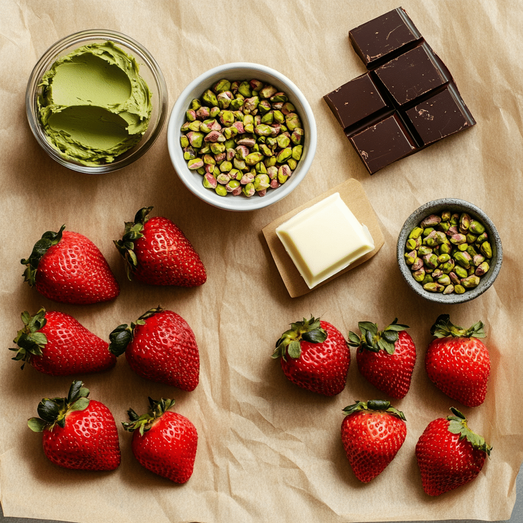 Dubai Chocolate Strawberries – A Simple Homemade Take on the Viral Dessert 7 Ingredients for Dubai chocolate strawberries laid out