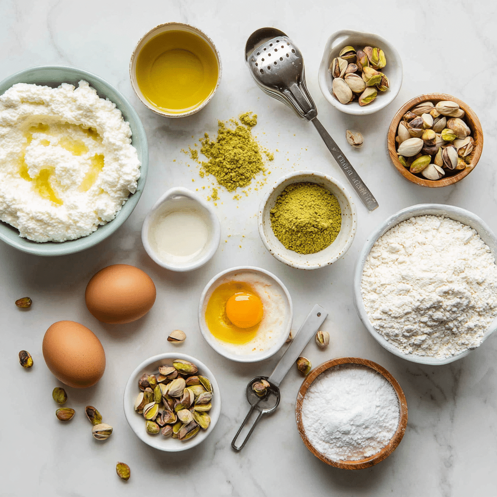 Pistachio Ricotta Cake – Moist, Easy & Beautifully Nutty 7 Ingredients laid out for pistachio ricotta cake