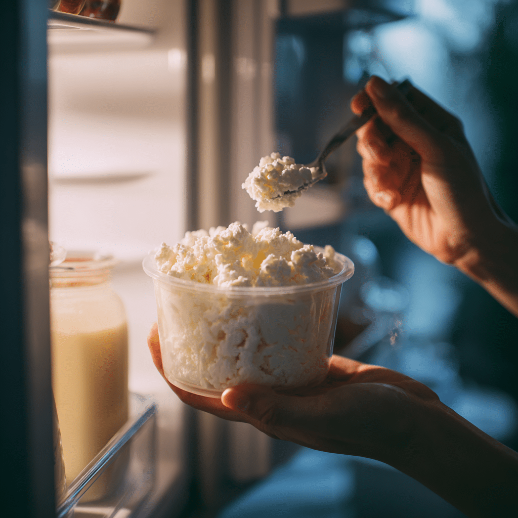 Low Fat Cottage Cheese – Smart, Simple, and Seriously Underrated 2 Eating low fat cottage cheese from fridge