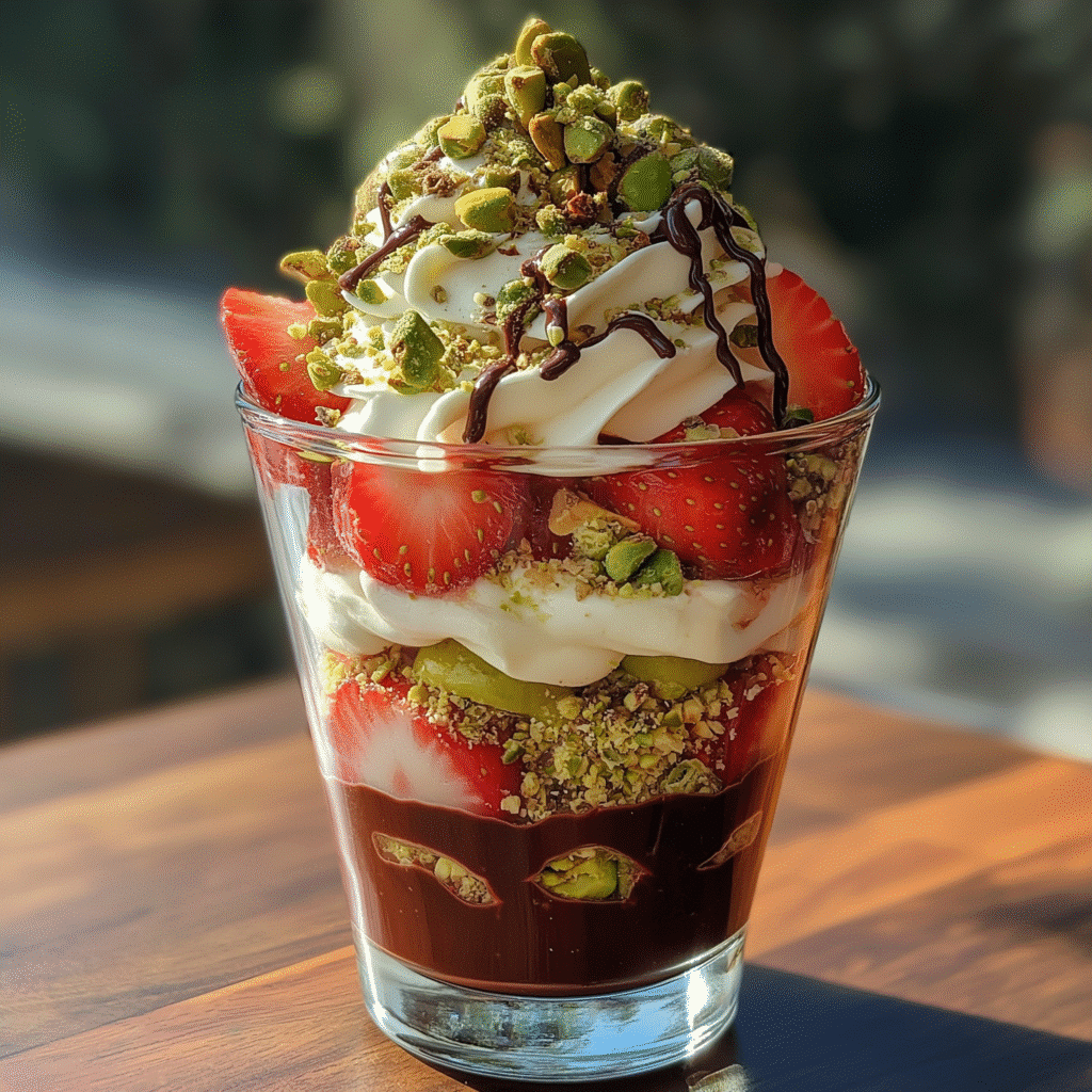 Dubai Strawberry Cup – A No-Bake, Layered Pistachio Dessert You’ll Want on Repeat 6 Dubai strawberry cups served on a tray