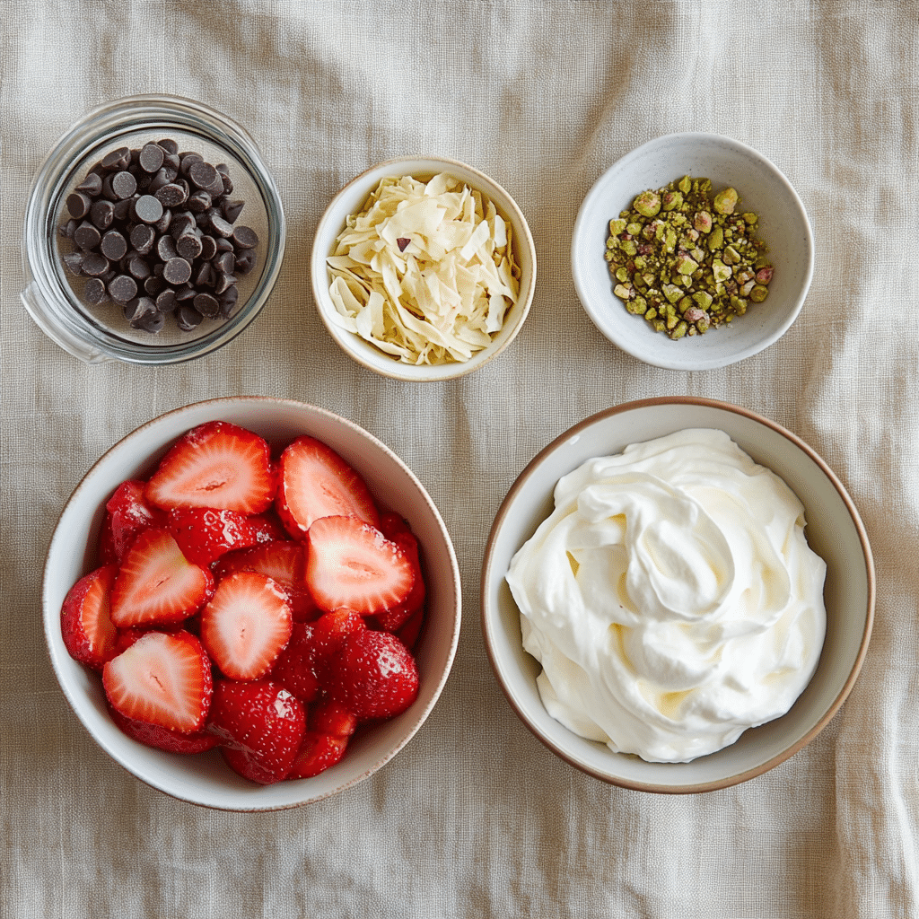 Dubai Strawberry Cup – A No-Bake, Layered Pistachio Dessert You’ll Want on Repeat 7 Dubai strawberry cup ingredients laid out