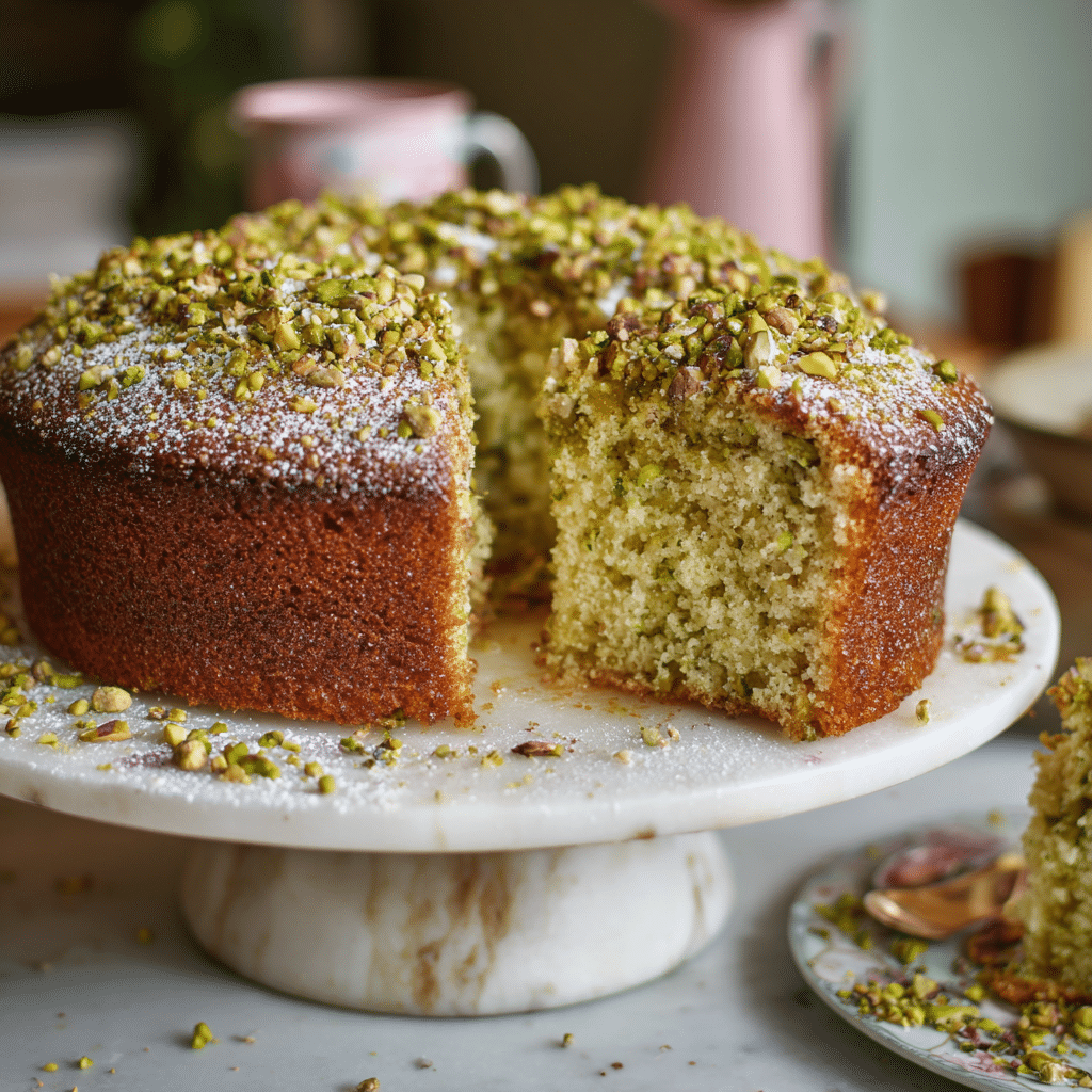 Gluten free pistachio cake on ceramic stand