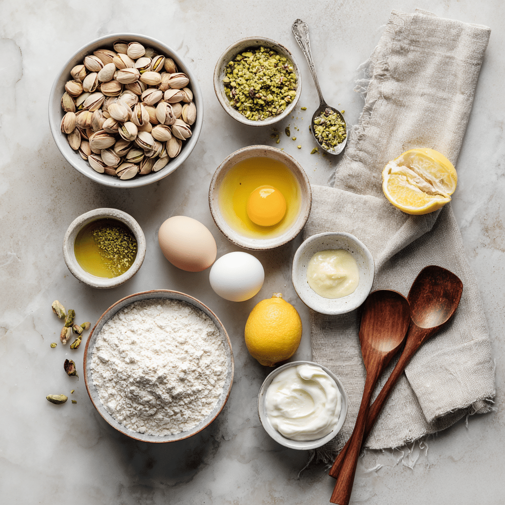 Gluten Free Pistachio Cake – Naturally Moist, Rich, and Comforting 9 Gluten free pistachio cake ingredients flat lay