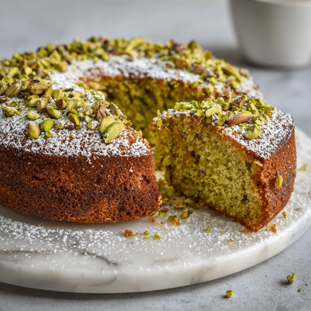 Gluten Free Pistachio Cake – Naturally Moist, Rich, and Comforting 8 Whole gluten free pistachio cake sliced