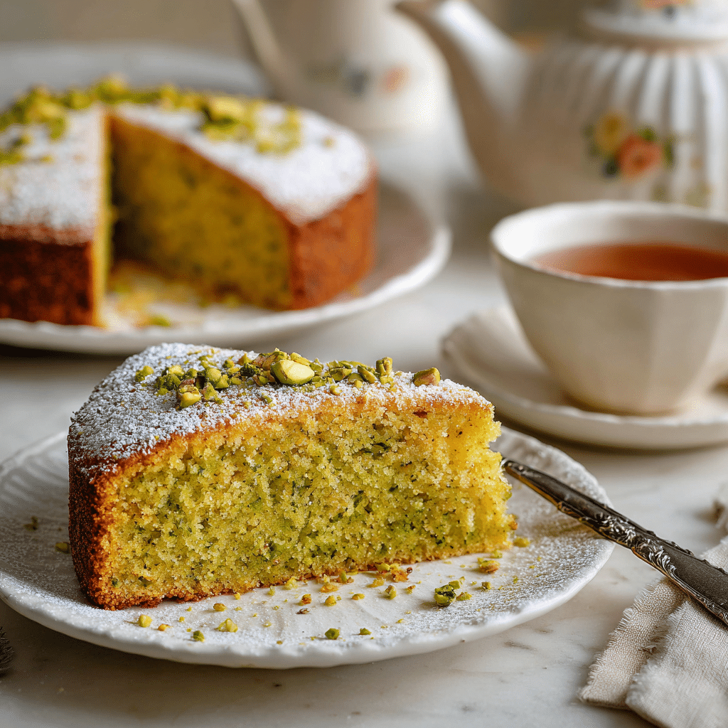Gluten Free Pistachio Cake – Naturally Moist, Rich, and Comforting 10 Sliced gluten free pistachio cake on vintage plates