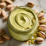 Pistachio Nut Butter – Healthy, Homemade & Surprisingly Easy 9 Jar of homemade pistachio nut butter on whit marbre counter