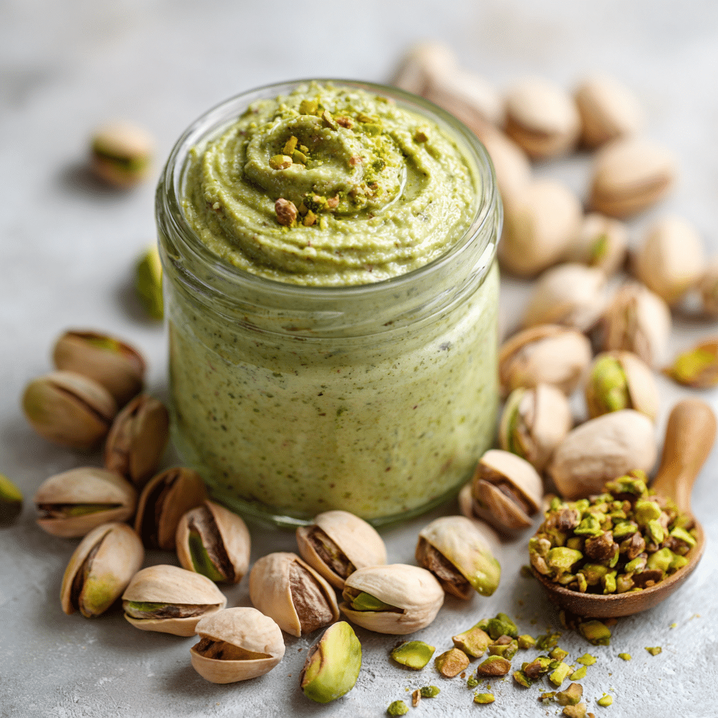 Pistachio Nut Butter – Healthy, Homemade & Surprisingly Easy 6 Jar of homemade pistachio nut butter on whit marbre counter