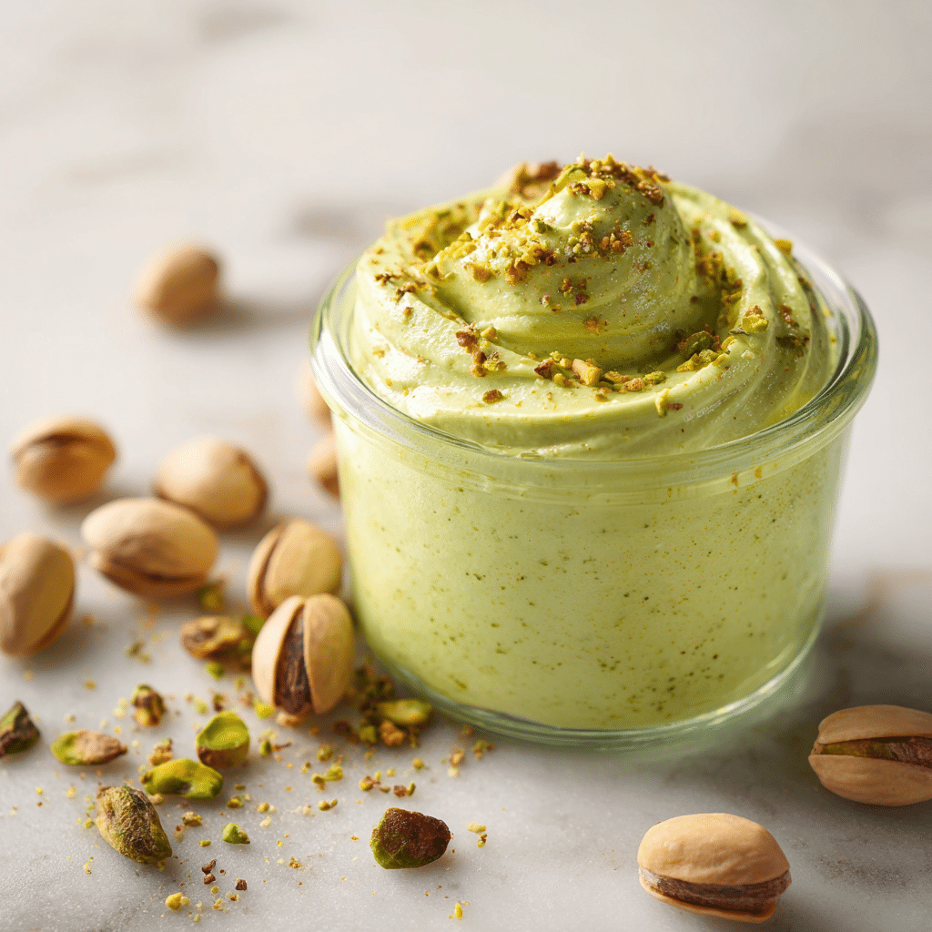 Jar of homemade pistachio nut butter on whit marbre counter