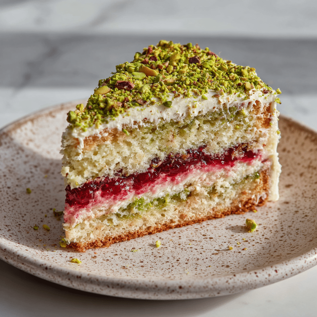 Pistachio and Raspberry Cake – Soft Crumb, Sharp Fruit, Pure Comfort 6 Served slice of pistachio and raspberry cake with fresh toppings