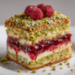 Pistachio and Raspberry Cake – Soft Crumb, Sharp Fruit, Pure Comfort 9 Served slice of pistachio and raspberry cake with fresh toppings