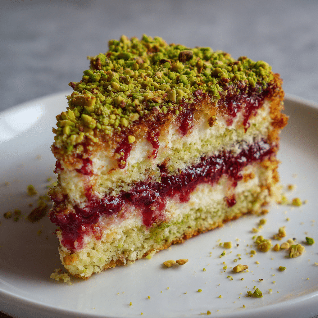 Cozy pistachio and raspberry cake slice on a white plate