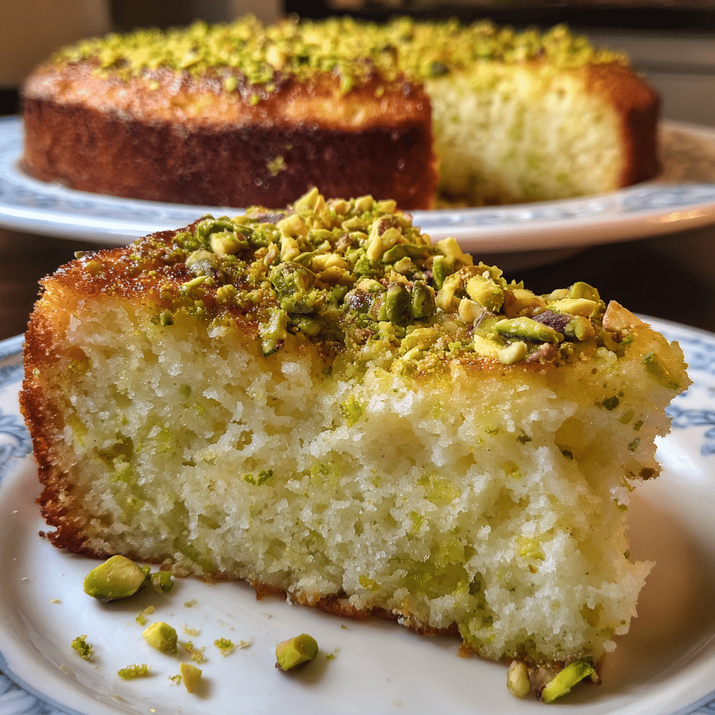 Slice of pistachio ricotta cake on a white plate