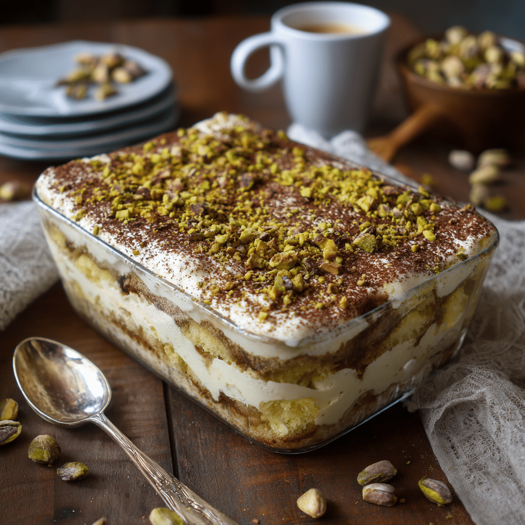 Home Page 15 Homemade pistachio tiramisu in a glass dish