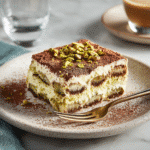 Slice of pistachio tiramisu served