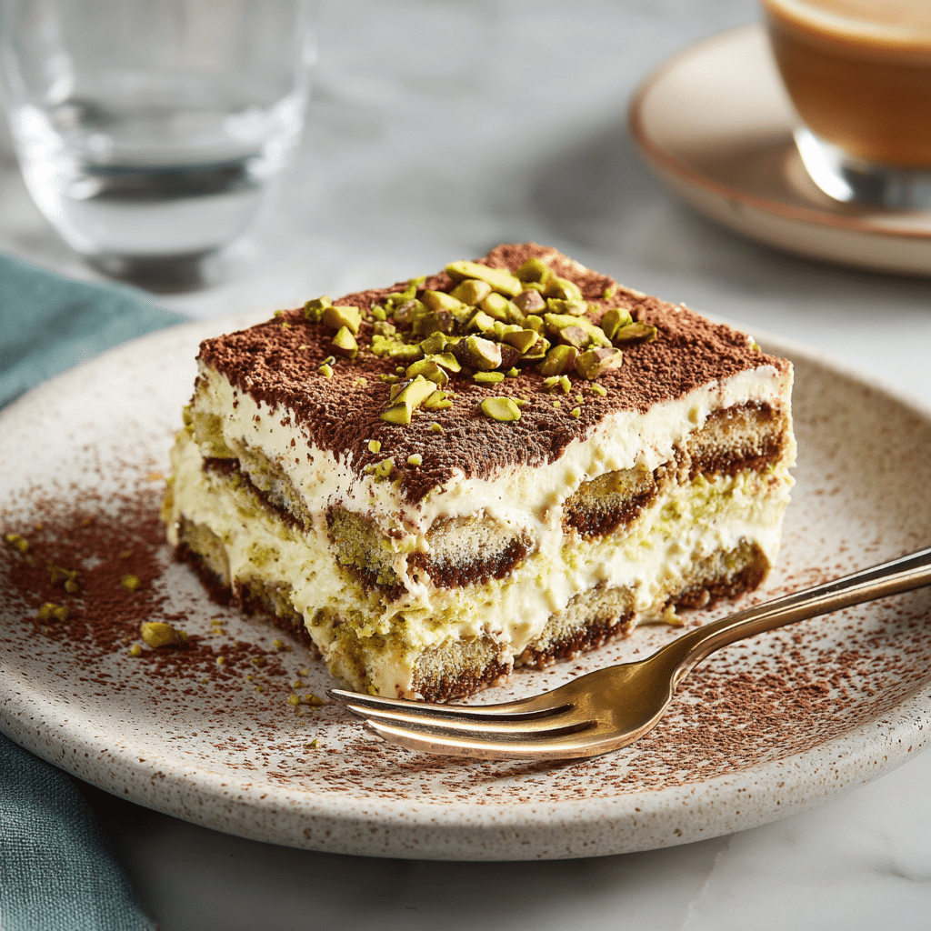 Pistachio Tiramisu Recipe – A Creamy, Cozy Twist That’s Worth It 8 Slice of pistachio tiramisu served
