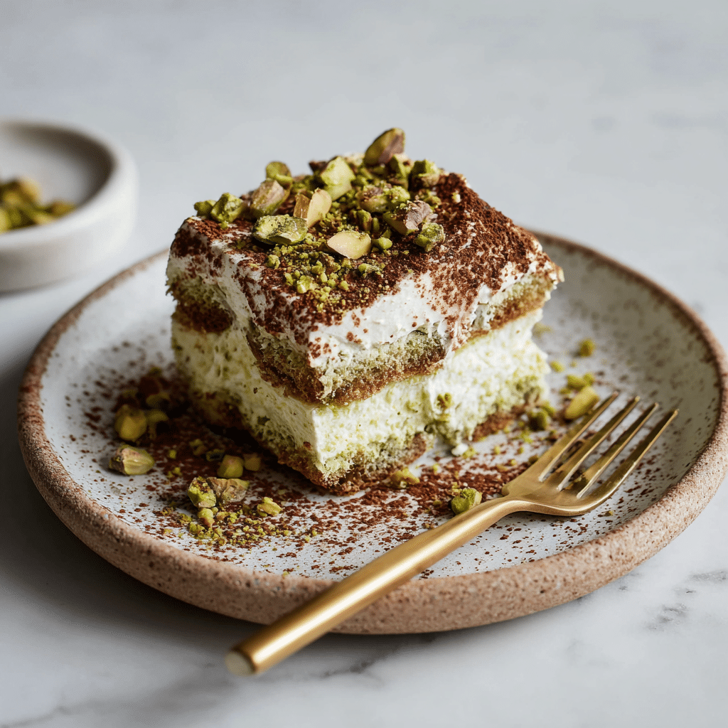 Pistachio Tiramisu Recipe – A Creamy, Cozy Twist That’s Worth It 6 Slice of pistachio tiramisu served