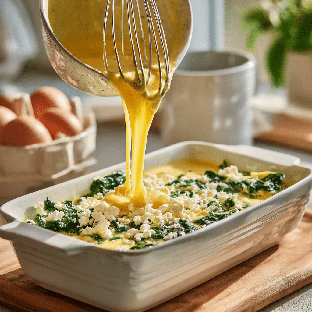 Spinach Cottage Cheese Egg Bake – High Protein, No Fuss 6 Pouring spinach cottage cheese egg bake into pan