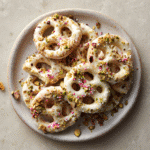 White Chocolate Pretzels – Sweet, Salty, and Perfect for Gifting 9 White chocolate pretzels stacked on a plate