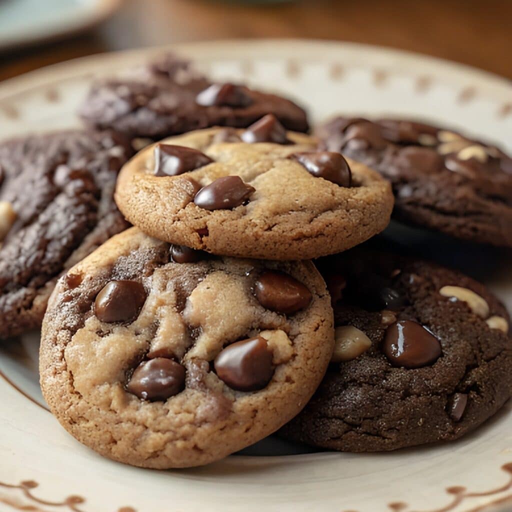 Almond flour chocolate cookies stacked with melted chocolate