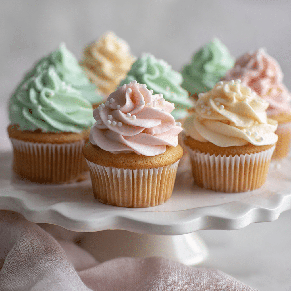 Copycat Magnolia Bakery Cupcakes – Classic Vanilla with Signature Buttercream 2 offlat lay of Copycat Magnolia Bakery Cupcakes with pastel buttercream swirls