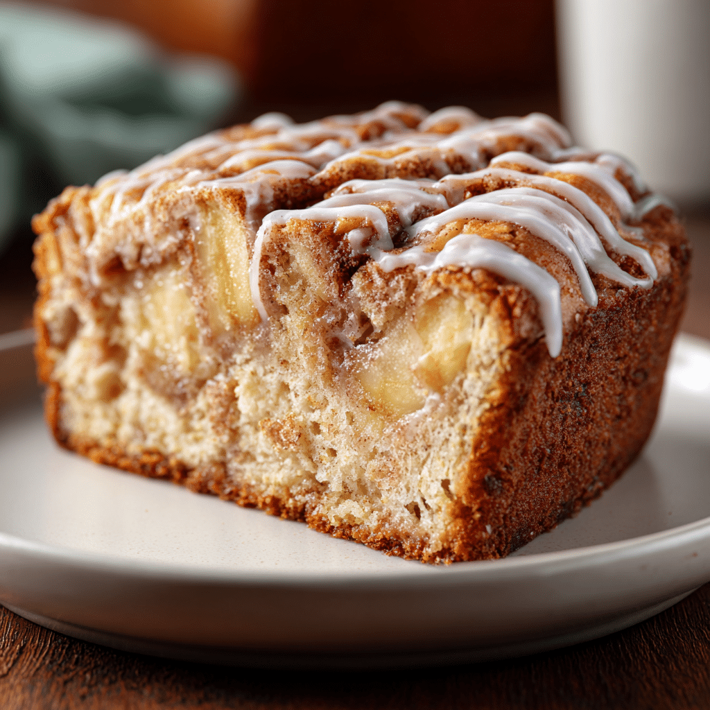 Amish Apple Fritter Bread 6 A close-up of a slice of Amish Apple Fritter Bread on a white plate, showing apple chunks and cinnamon sugar swirl with a drizzle of glaze.