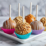 Caramel Apple Donut Cake Pops – Fun & Easy Fall Treat 7 Caramel Apple Donut Cake Pops arranged like a bouquet in a jar.