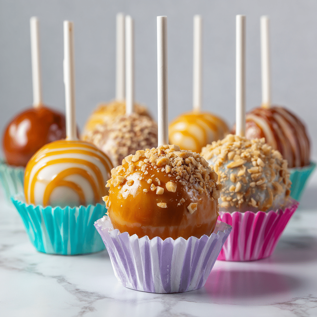 Caramel Apple Donut Cake Pops – Fun & Easy Fall Treat 4 Caramel Apple Donut Cake Pops arranged like a bouquet in a jar.