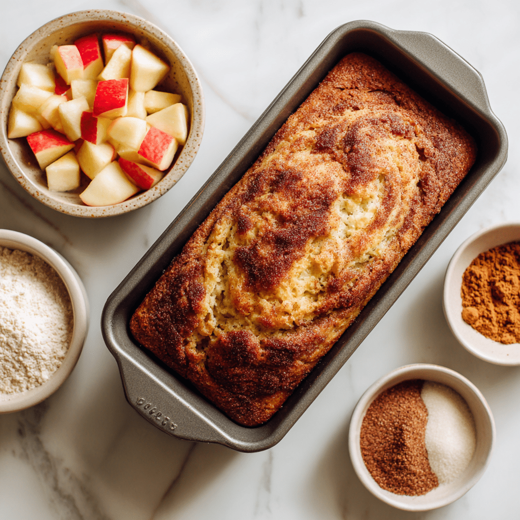 Amish Apple Fritter Bread 5 Overhead view of Amish Apple Fritter Bread cooling in a loaf pan with bowls of diced apples, cinnamon, brown sugar, and flour arranged around.