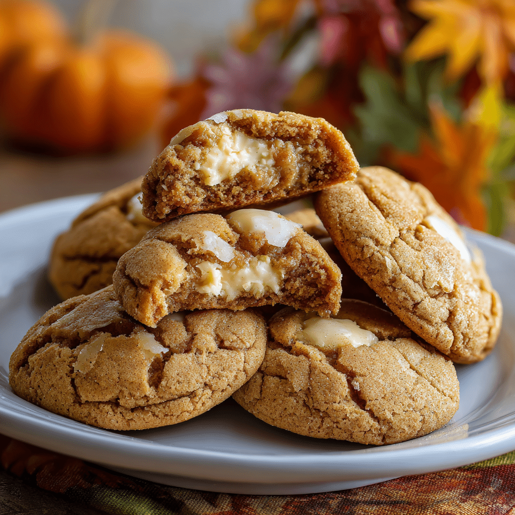 Apple Cider Cheesecake Cookies with Spiced Sugar 4 Apple Cider Cheesecake Cookie broken in half showing creamy cheesecake filling.