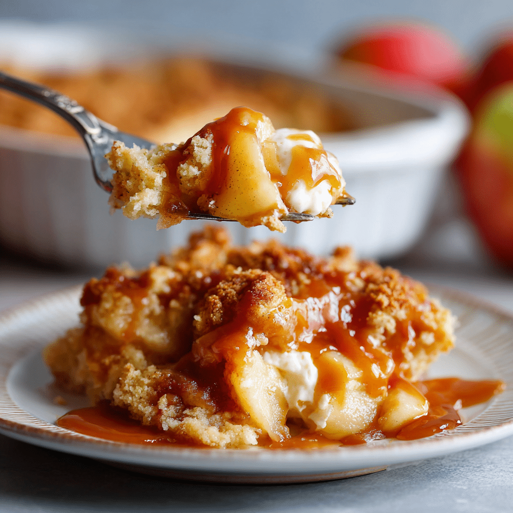 Easy Caramel Apple Dump Cake – Gooey, Cozy Fall Dessert 4 Fork with a bite of Caramel Apple Dump Cake showing gooey layers.