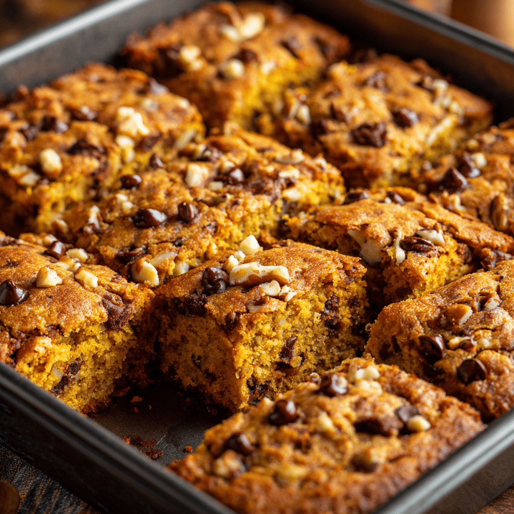 Easy Homemade Pumpkin Maple Blondies You’ll Love 5 Pan of Pumpkin Maple Blondies cut into squares with chocolate chips.
