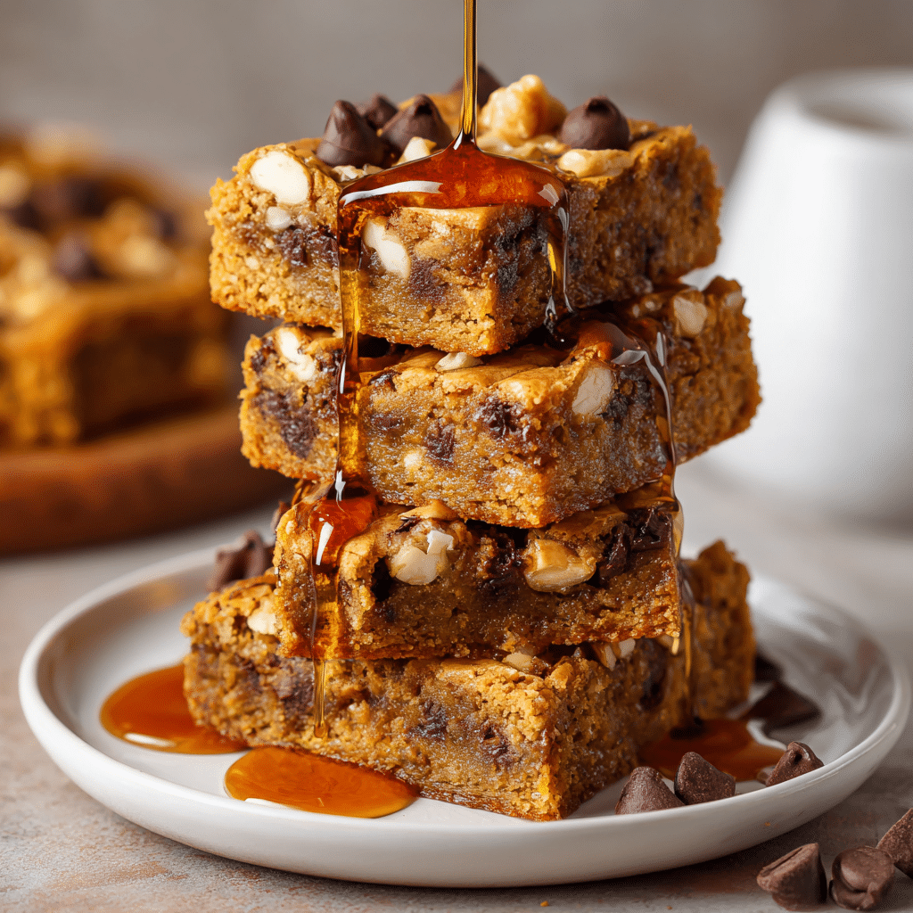 Easy Homemade Pumpkin Maple Blondies You’ll Love 6 Stack of Pumpkin Maple Blondies drizzled with maple syrup.