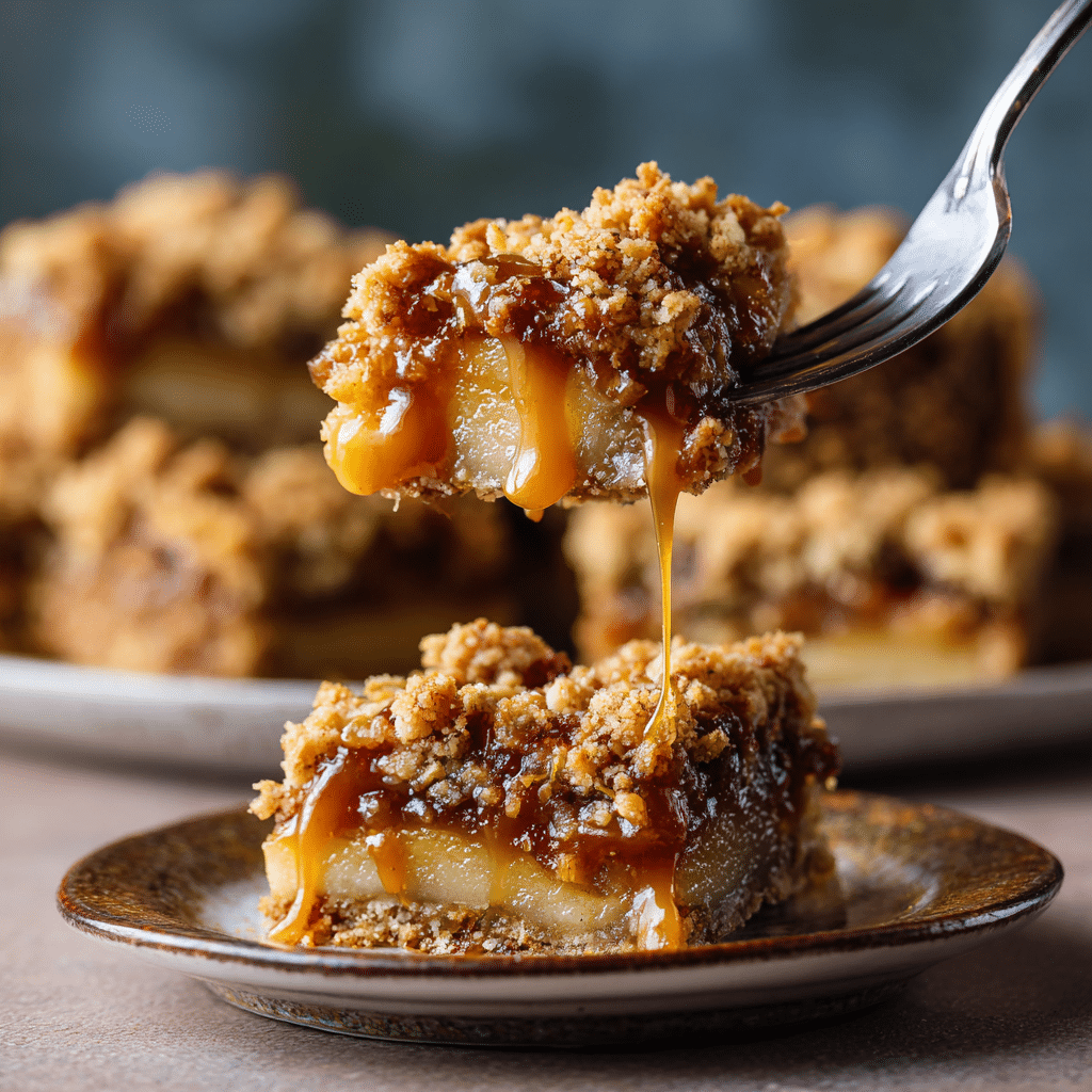 Easy Salted Caramel Apple Crumble Bars Recipe 6 Fork with a bite of Salted Caramel Apple Crumble Bar showing apples and crumble.