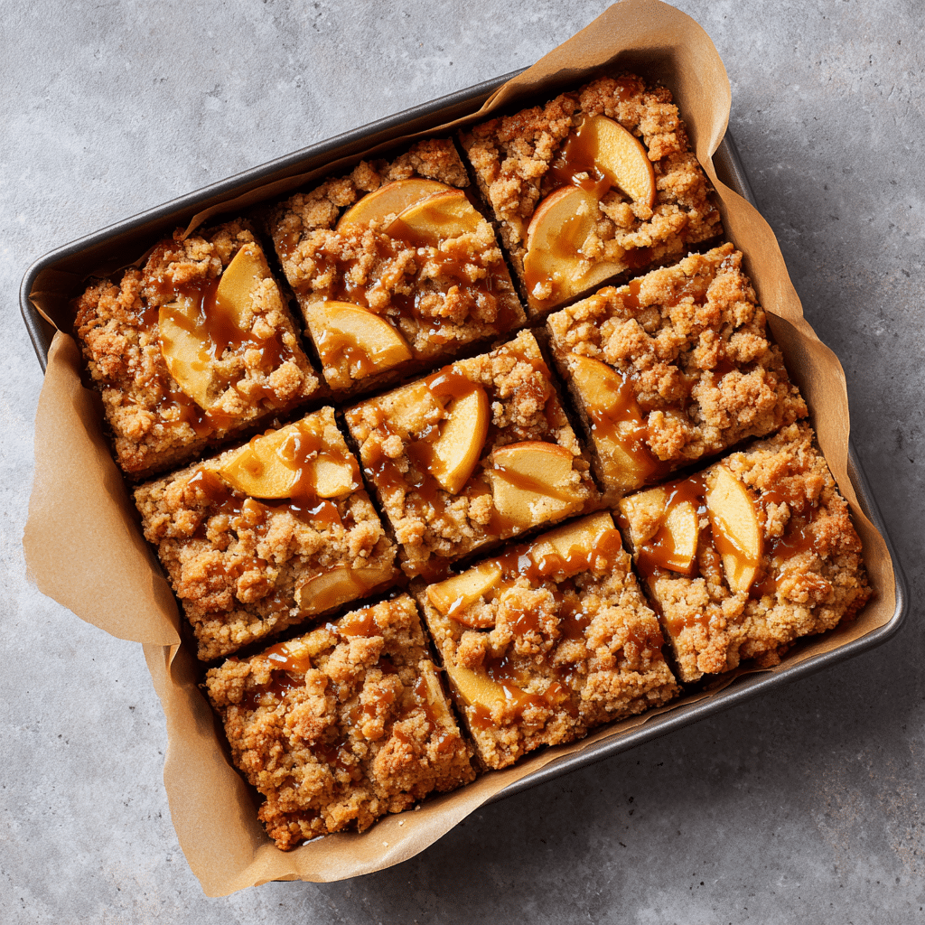 Easy Salted Caramel Apple Crumble Bars Recipe 5 Pan of freshly baked Salted Caramel Apple Crumble Bars cut into squares.