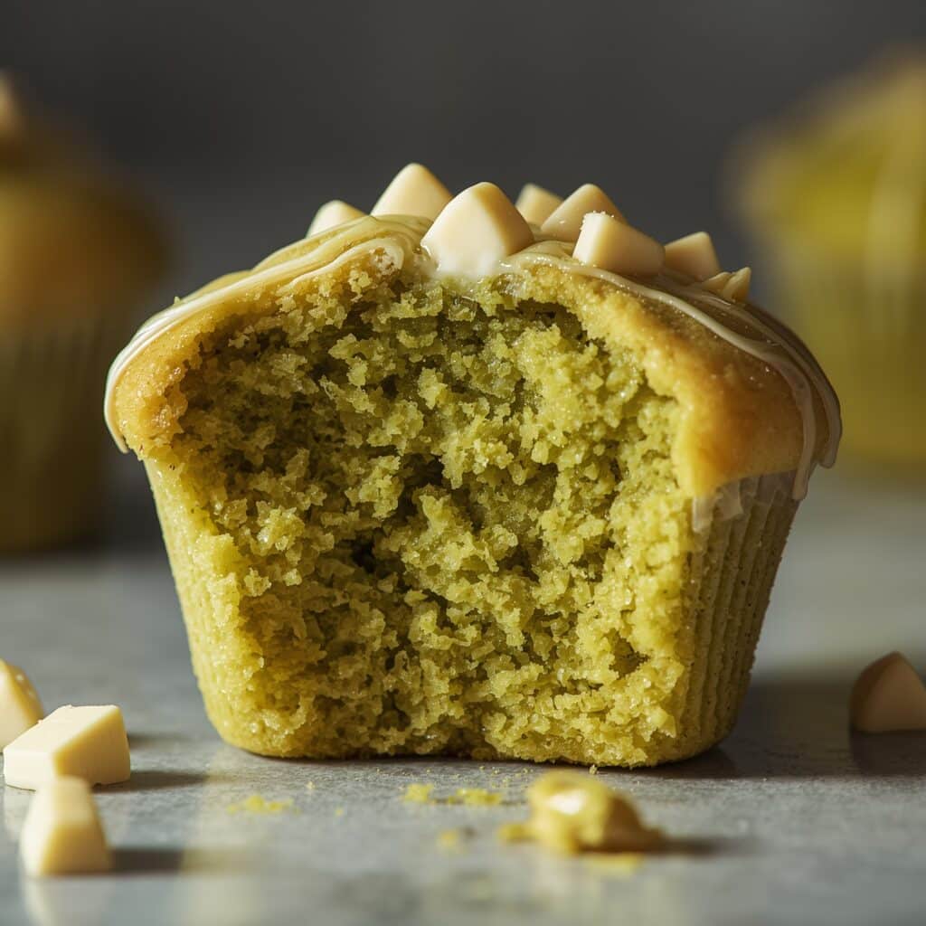 Fluffy Matcha White Chocolate Muffins: The Perfect Soft Bake 7 A halved matcha muffin showing the green interior crumb studded with white chocolate pieces, with additional white chocolate pieces scattered around