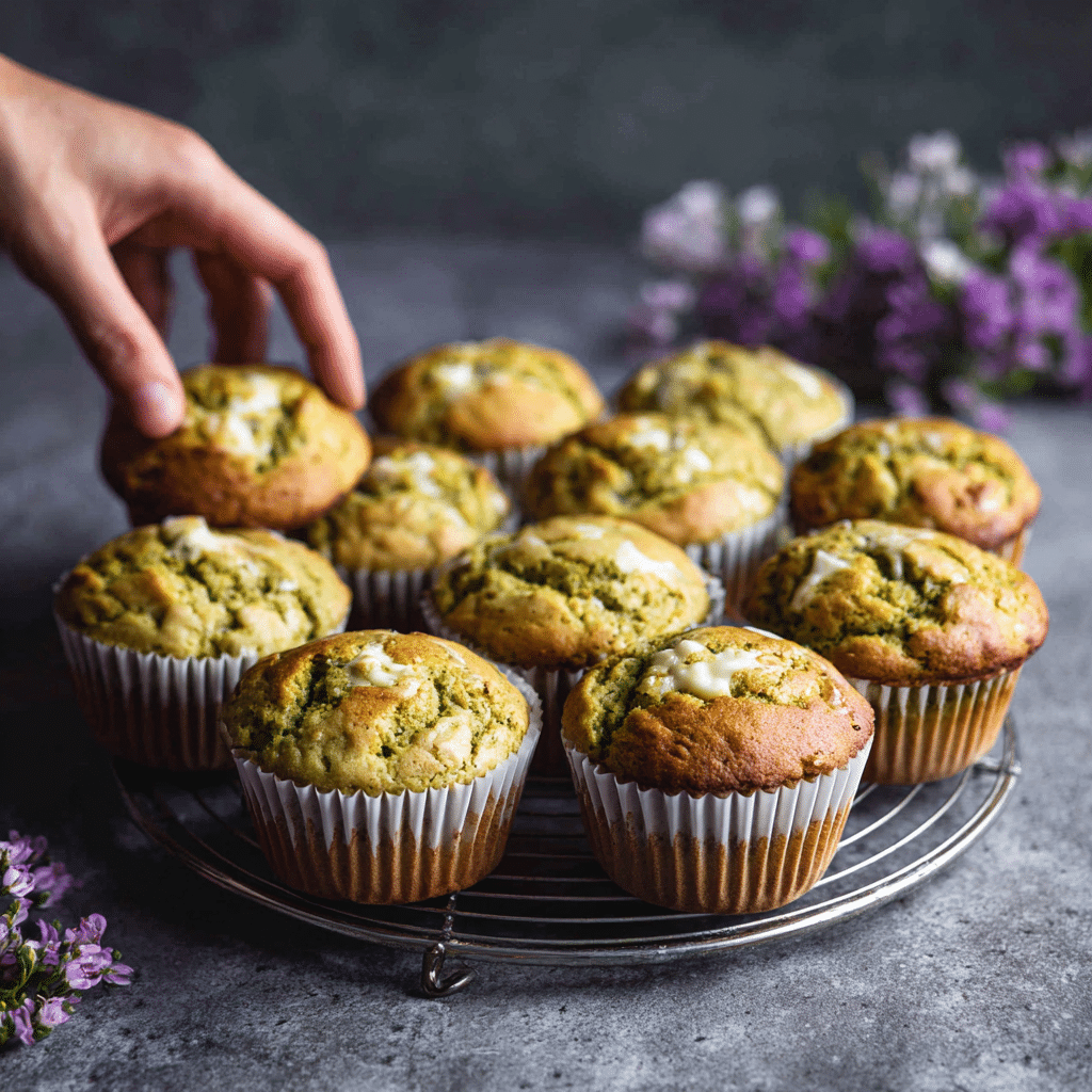 Fluffy Matcha White Chocolate Muffins: The Perfect Soft Bake 5 Hand reaching for matcha white chocolate muffins arranged on a wire cooling rack with purple flowers in the background
