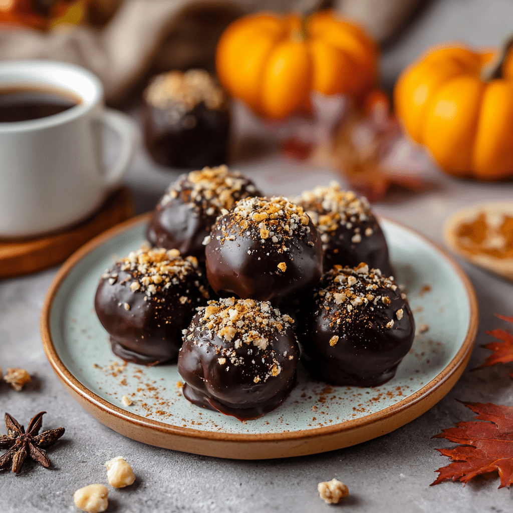 Easy & Healthy Pumpkin Truffles – A Guilt-Free Fall Dessert 6 Healthy pumpkin truffles with chocolate coating and nut topping on a serving plate.