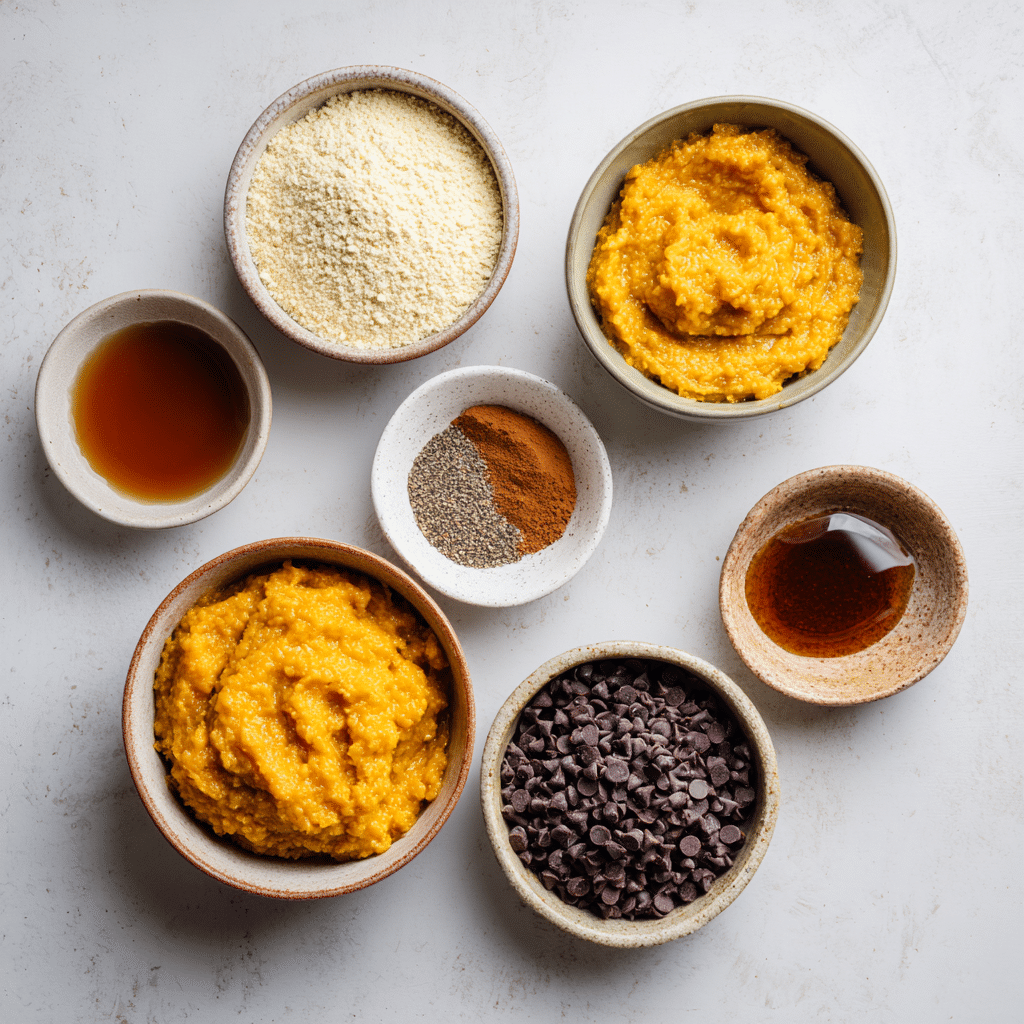 Easy & Healthy Pumpkin Truffles – A Guilt-Free Fall Dessert 5 Ingredients for healthy pumpkin truffles including pumpkin puree, almond flour, chocolate chips, and spices.