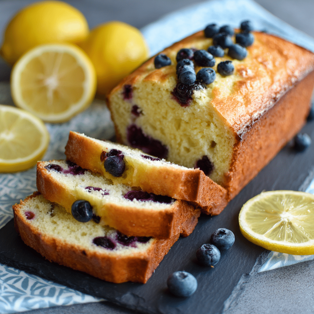 Healthier Lemon Blueberry Loaf (Gluten Free) 3 Sliced gluten-free lemon blueberry loaf on a wooden cutting board