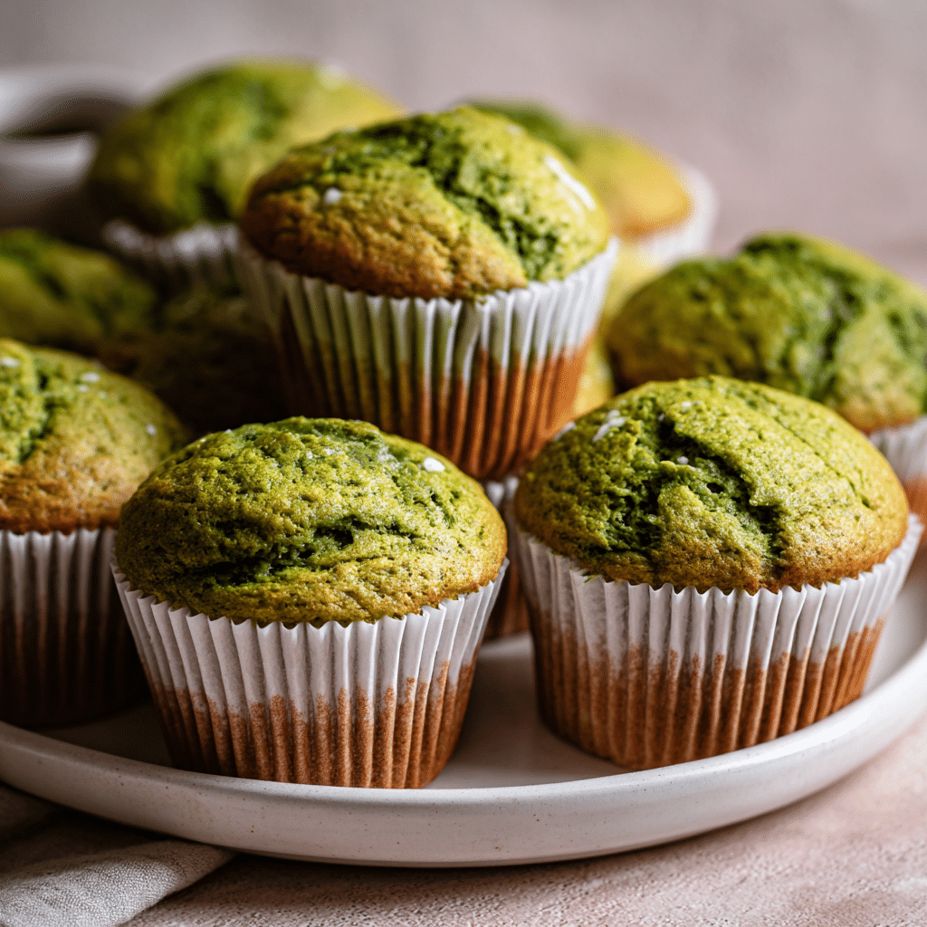 Fluffy Matcha White Chocolate Muffins: The Perfect Soft Bake 8 Freshly baked matcha muffins with white chocolate chips on a white plate, showing green swirled tops with golden brown edges