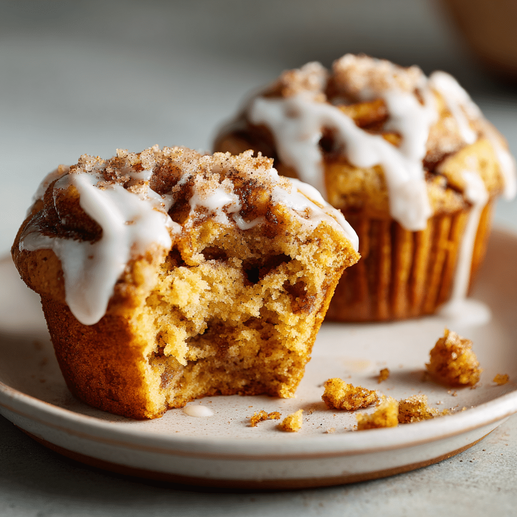 Pumpkin Cinnamon Roll Muffins 6 Pumpkin cinnamon roll muffins served on a platter with glaze.