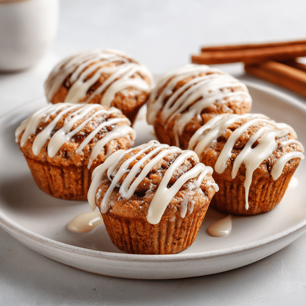 Pumpkin cinnamon roll muffins topped with cream cheese glaze on a white plate.