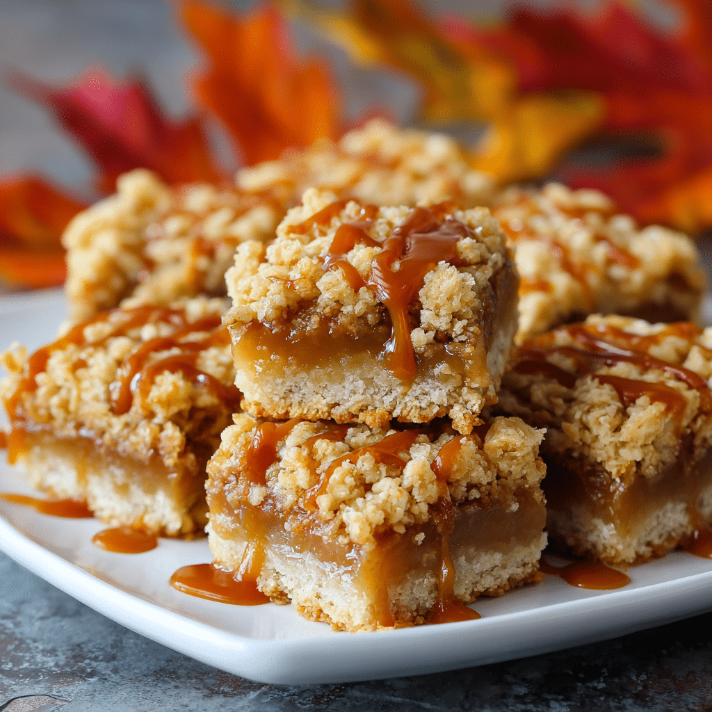Easy Salted Caramel Apple Crumble Bars Recipe 4 Salted Caramel Apple Crumble Bars on a white plate with caramel drizzle.