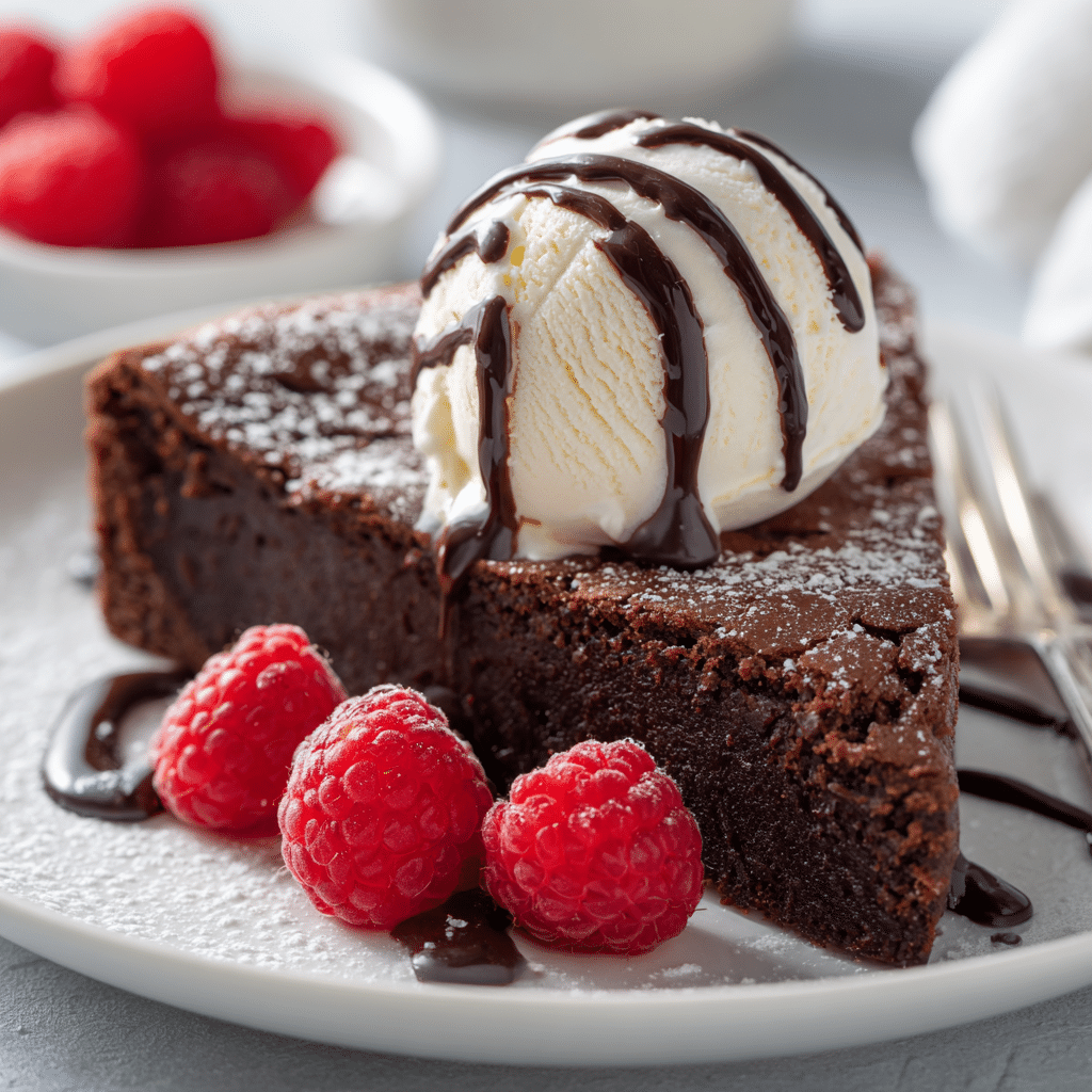 Decadent Flourless Chocolate Cake with Cottage Cheese Delight 5 flourless chocolate cake with cottage cheese topped with berries in a cozy kitchen setting.