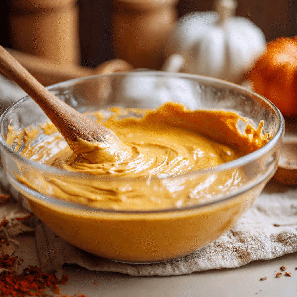 Healthy Pumpkin Cheesecakes 5 Mixing Healthy Pumpkin Cheesecake batter in a glass bowl with a wooden spoon.