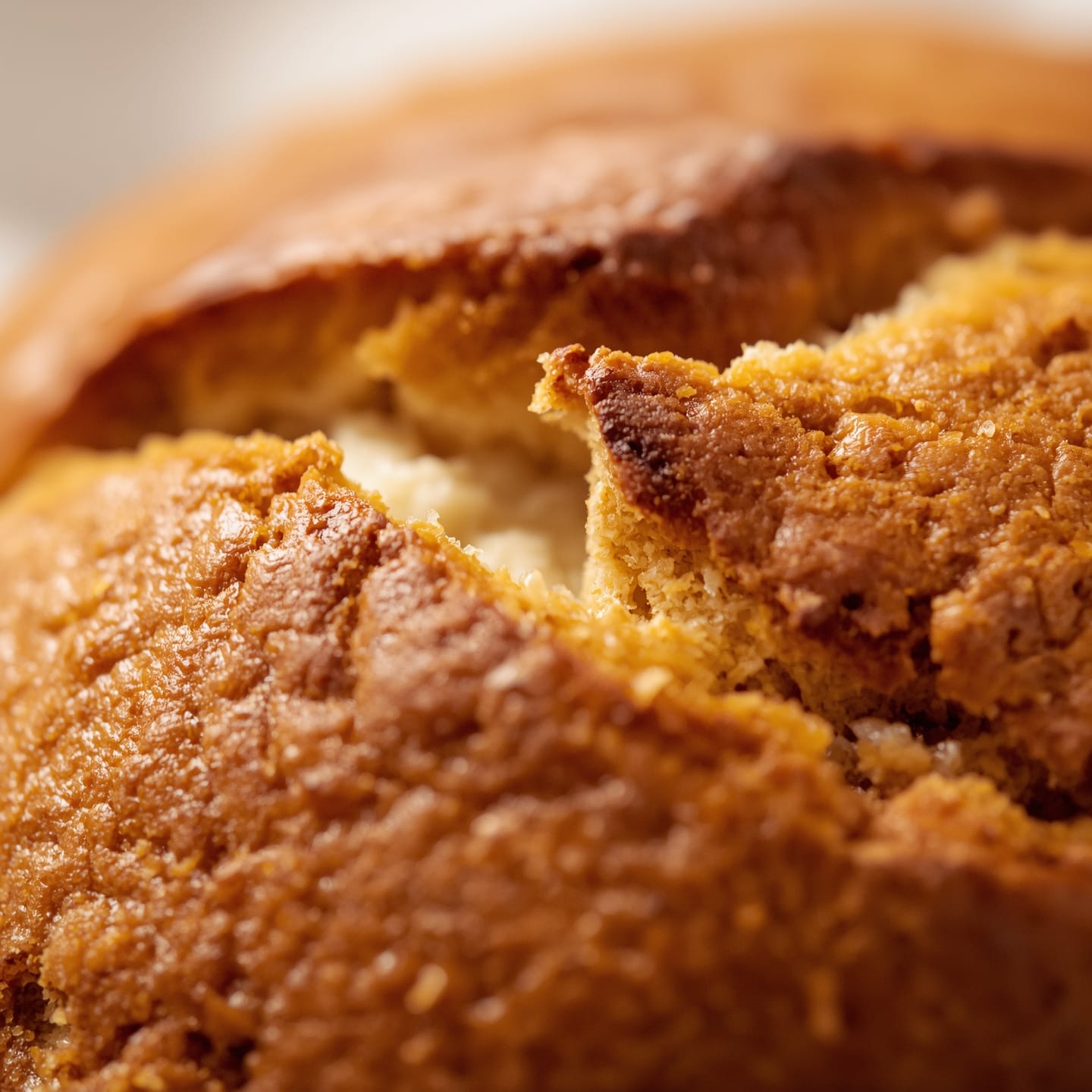 Easy Pumpkin Cream Cheese Bread – Moist & Perfectly Swirled 6 A very close-up shot of the top of a pumpkin cream cheese bread loaf, focusing on the crack that naturally formed during baking. The crack reveals the moist, tender interior.