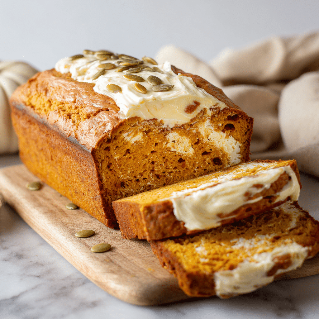 Easy Pumpkin Cream Cheese Bread – Moist & Perfectly Swirled 7 A freshly baked loaf of pumpkin cream cheese bread, with two thick slices cut from the front. The top of the bread is covered in a thick layer of cream cheese frosting and pumpkin seeds.