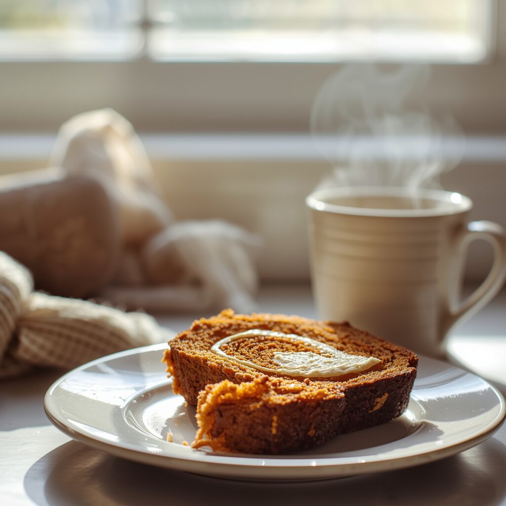 Easy Pumpkin Cream Cheese Bread – Moist & Perfectly Swirled 8 A single slice of pumpkin cream cheese bread on a white plate next to a steaming cup of coffee or tea. The bread slice shows a defined swirl of cream cheese in the center.