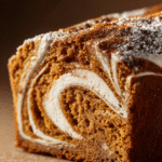 Easy Pumpkin Cream Cheese Bread – Moist & Perfectly Swirled 9 An extreme close-up of a pumpkin cream cheese bread loaf showing a perfect, high-contrast swirl of white cream cheese filling marbled through the orange-colored pumpkin bread. The loaf is dusted with powdered sugar.