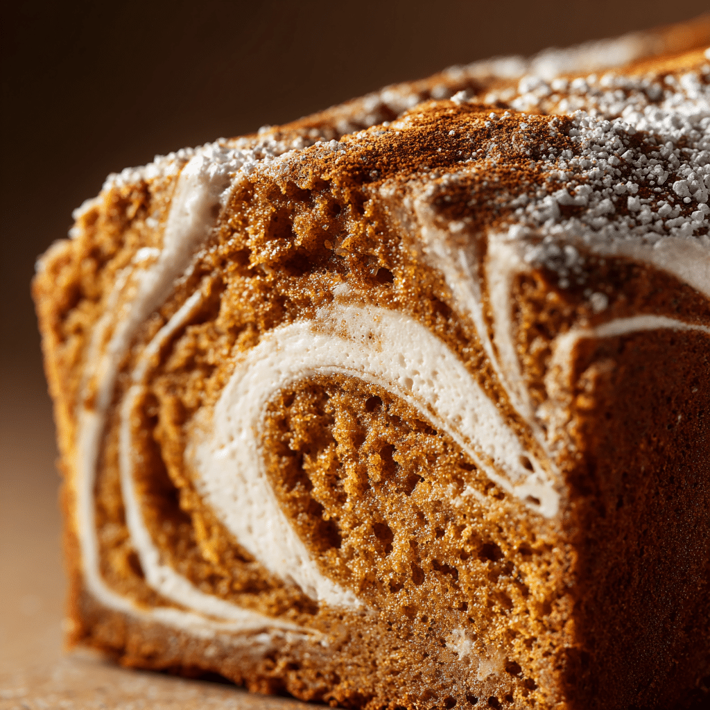 Easy Pumpkin Cream Cheese Bread – Moist & Perfectly Swirled 5 An extreme close-up of a pumpkin cream cheese bread loaf showing a perfect, high-contrast swirl of white cream cheese filling marbled through the orange-colored pumpkin bread. The loaf is dusted with powdered sugar.
